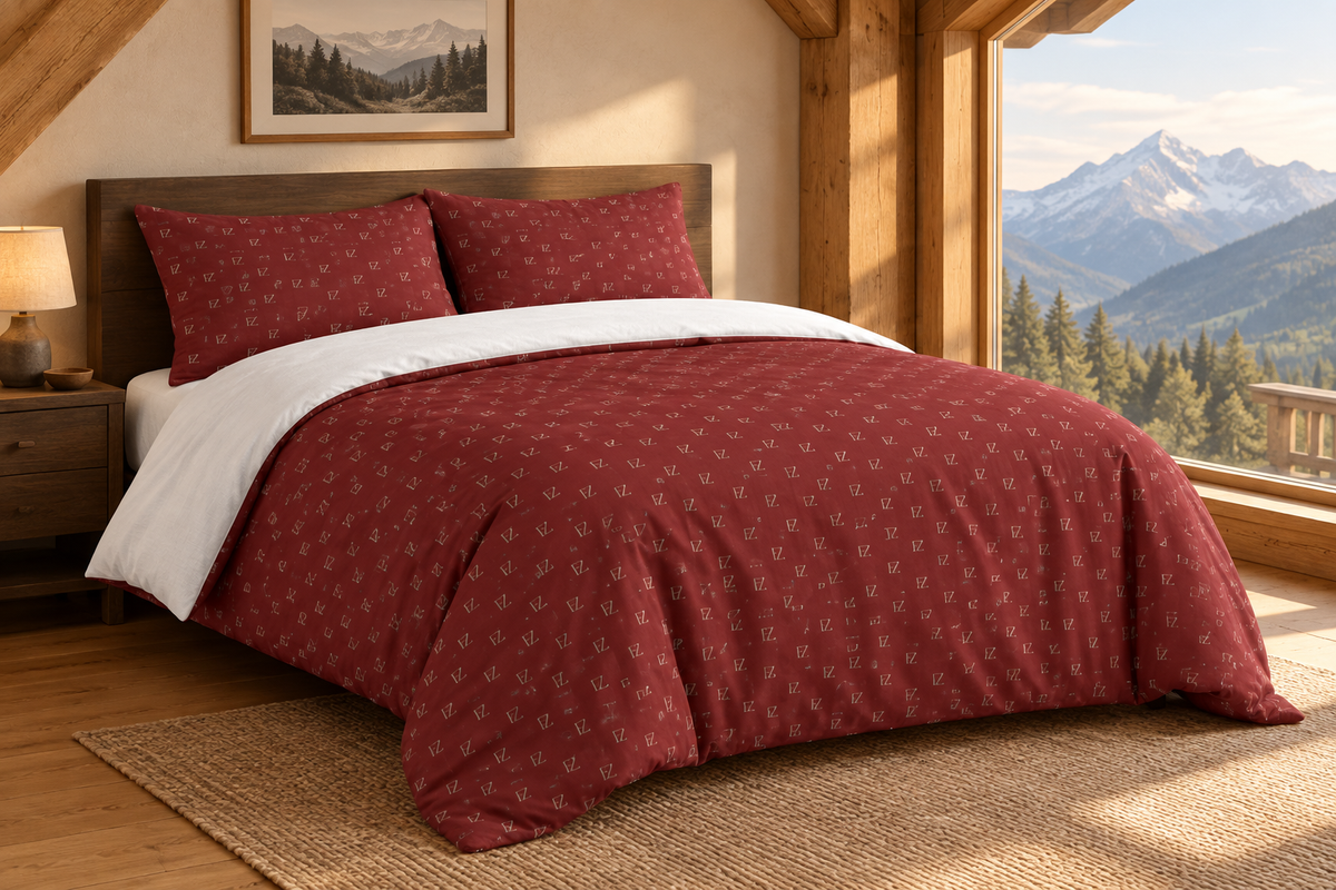 Burgundy monogram bedding in a warm mountain chalet