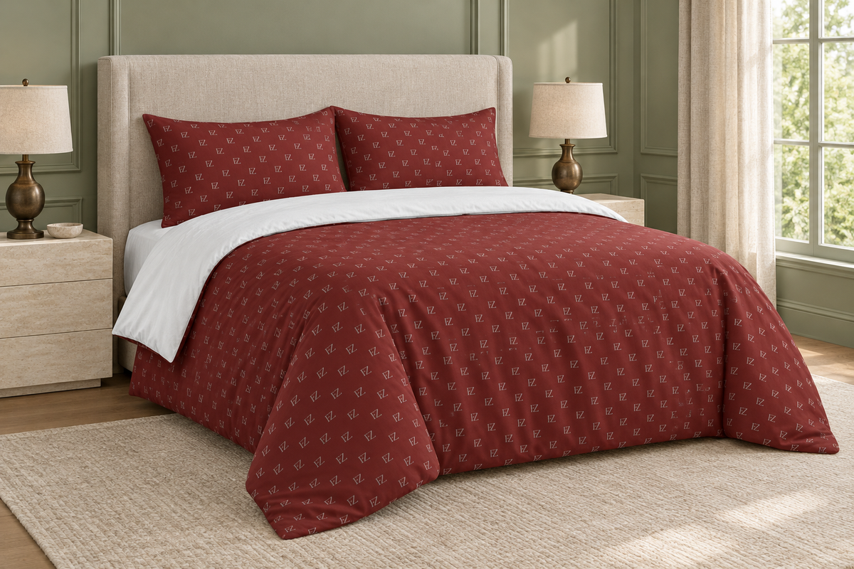 Burgundy monogram bedding in an elegant sage-green bedroom