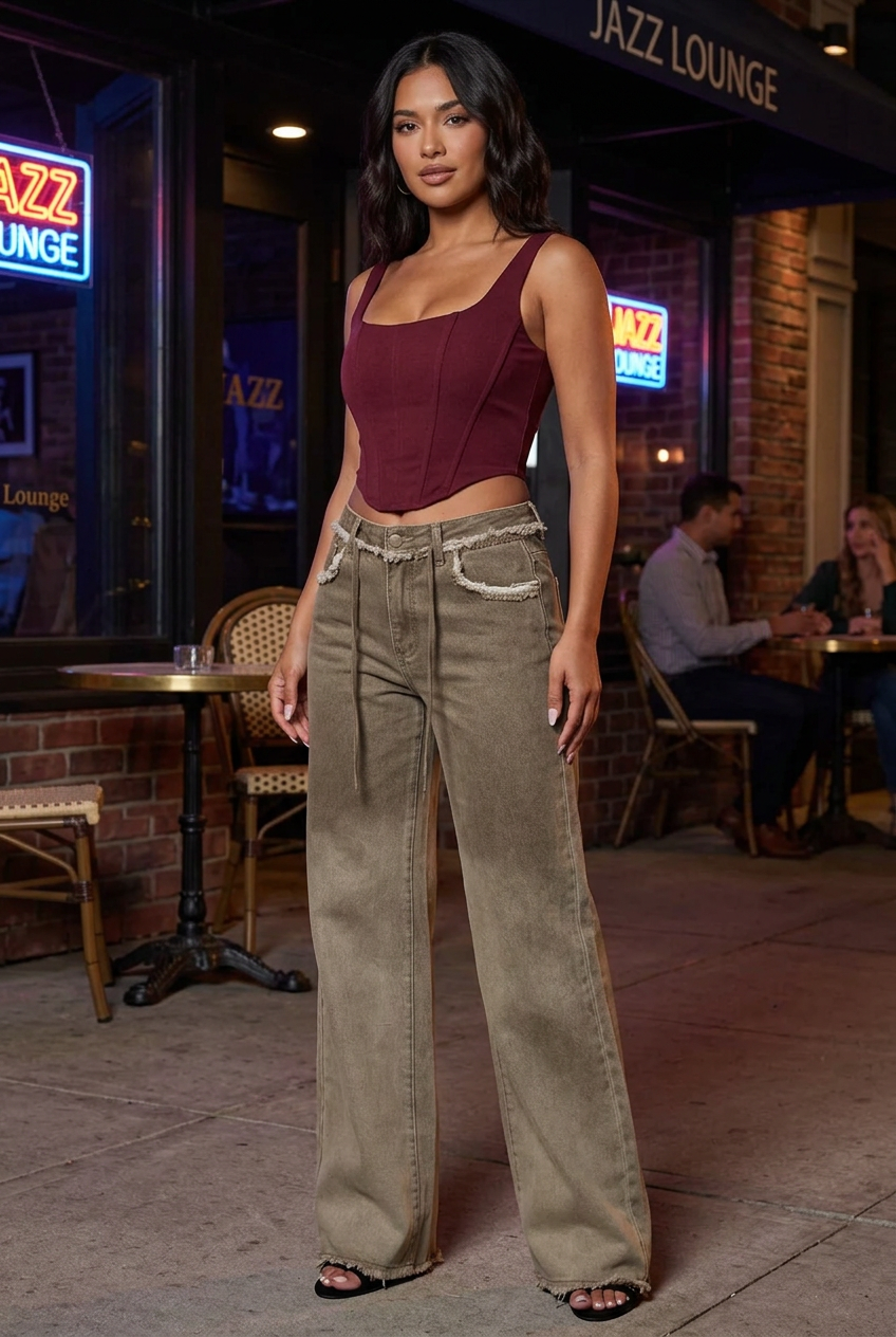 Burgundy structured evening top look