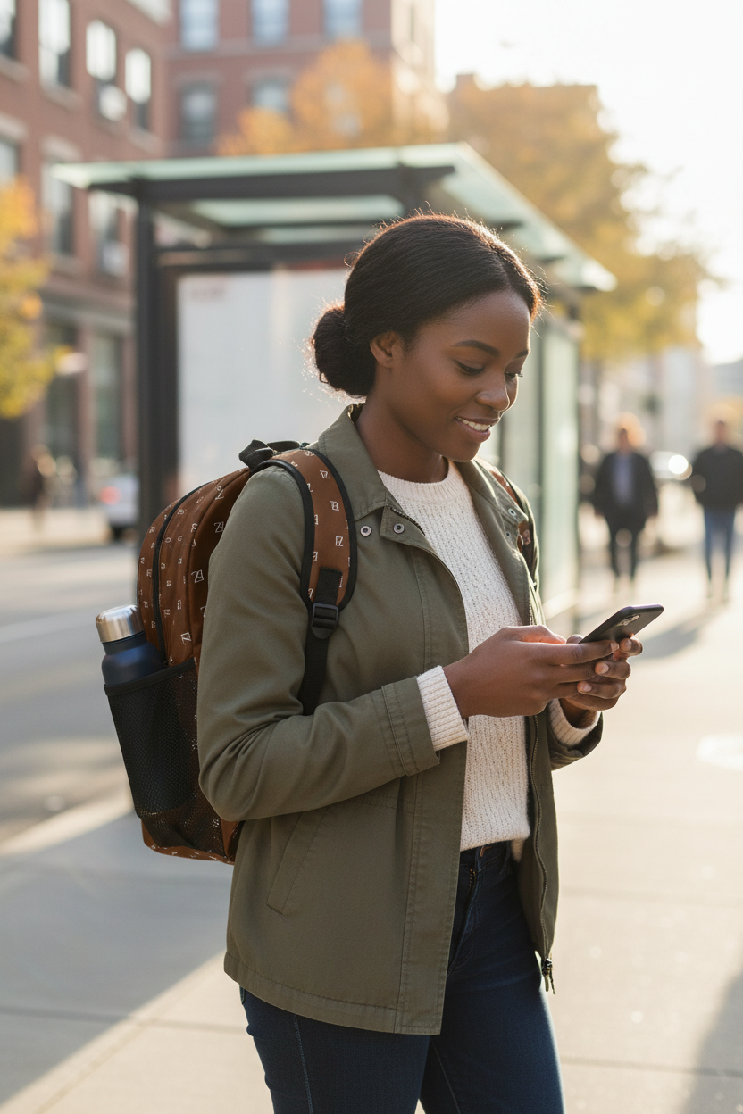Bus stop commuter with backpack