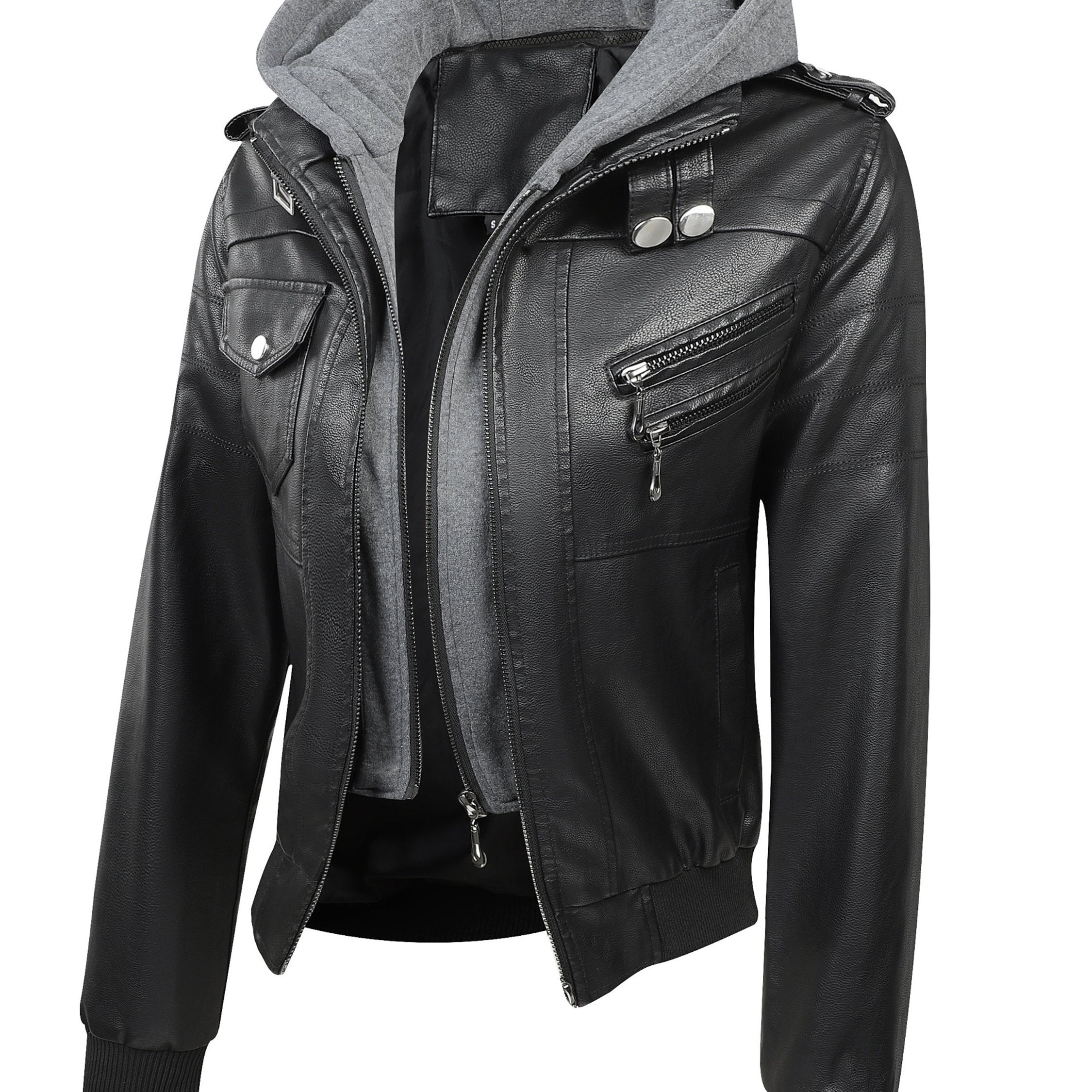 FZ Women's Vintage-Style Detachable Hood PU Leather Jacket