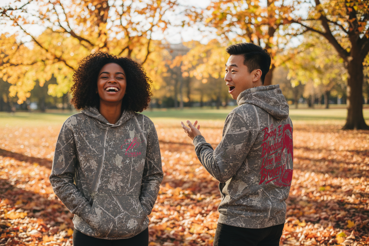 Candid photo of two friends laughing in an autumn park, wearing the hoodie with front and back visible