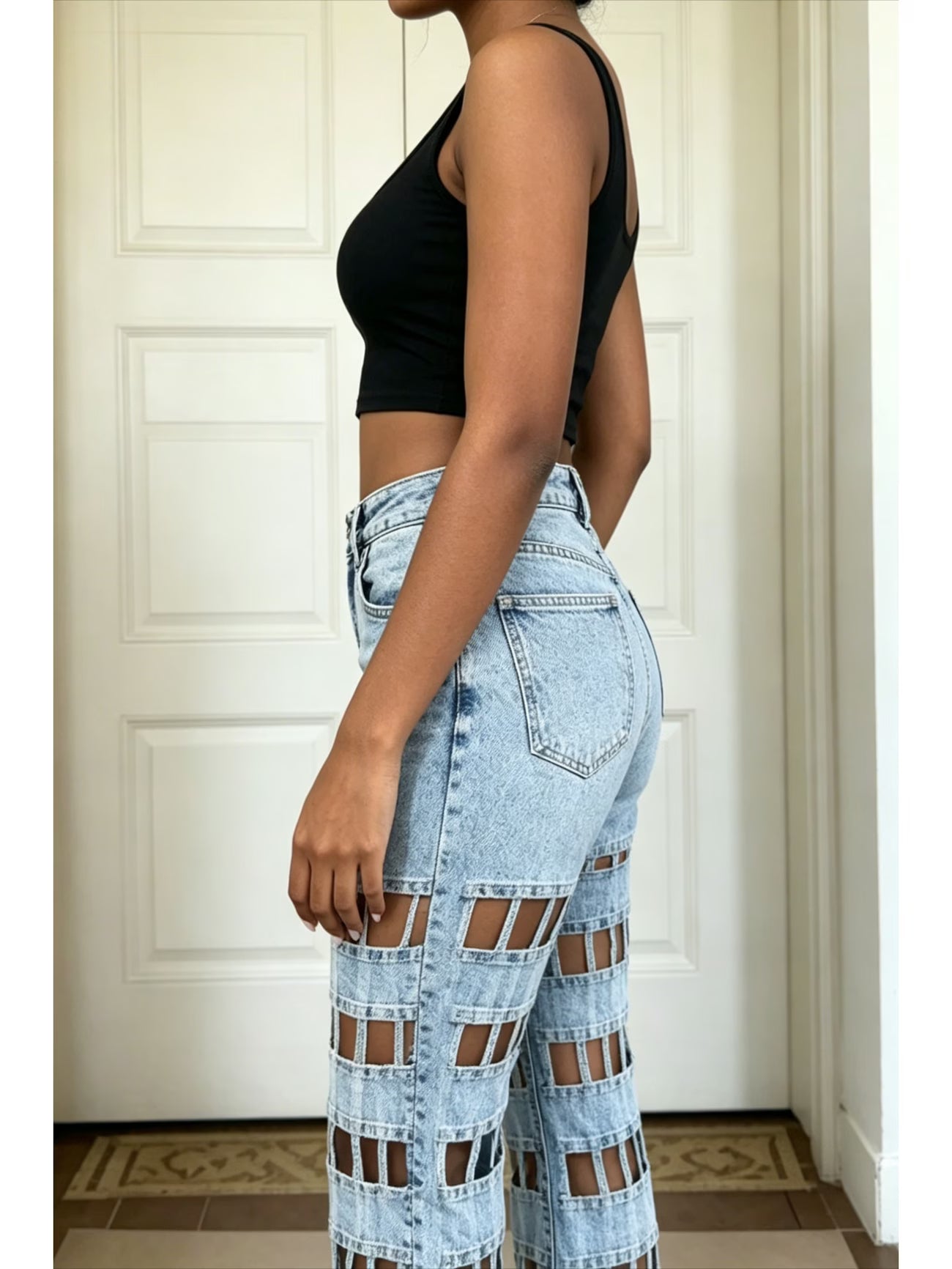 FZ Women's High Waist Hollow Mesh Design Denim Pants