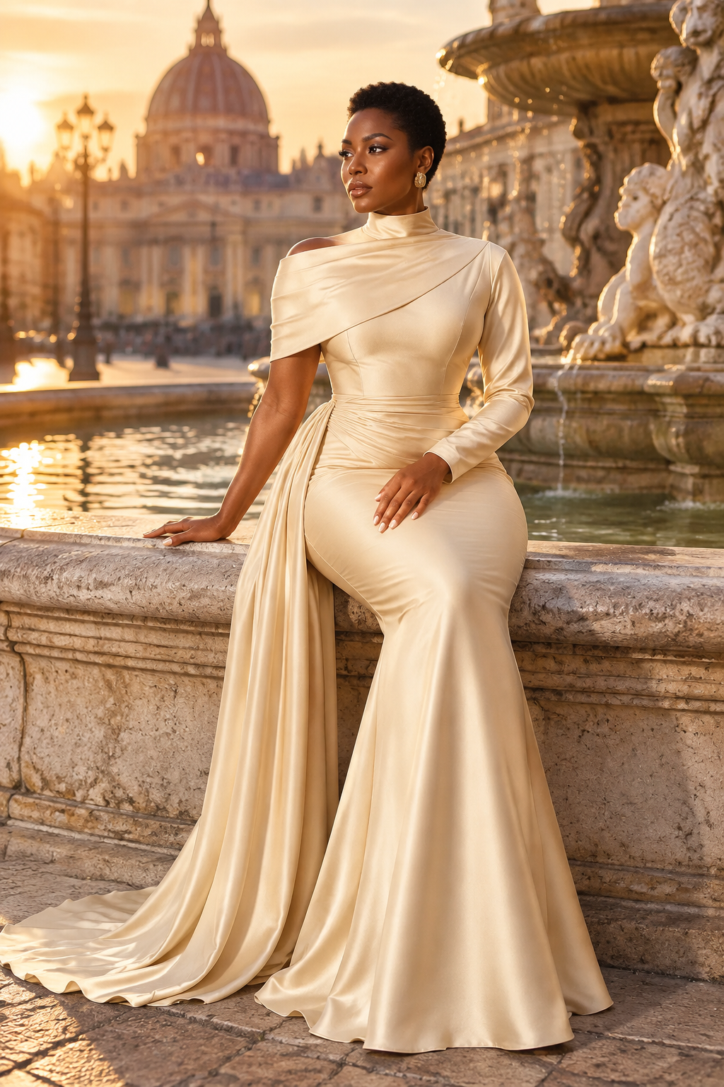 Champagne gown at a plaza fountain