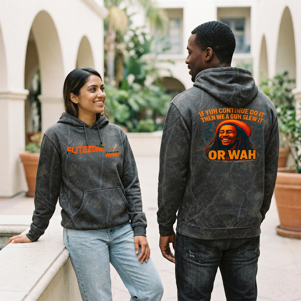 Charcoal hoodie lifestyle image with woman showing the front and man showing the back in a courtyard