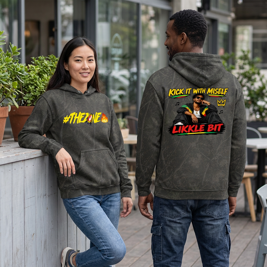 Charcoal hoodie outdoor café image with woman showing the front and man showing the back