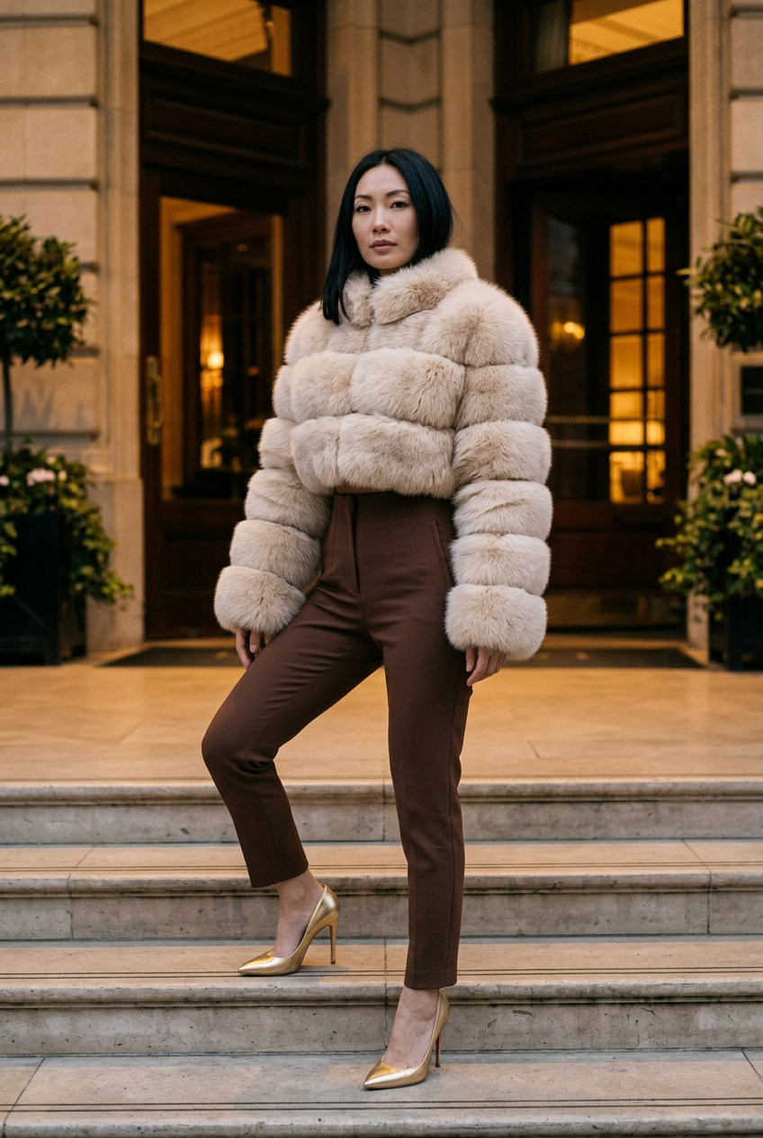 Cream cropped fur coat styled on hotel steps