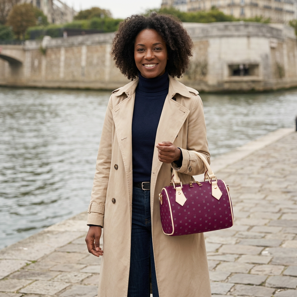 Cream-trim handbag on a riverside promenade