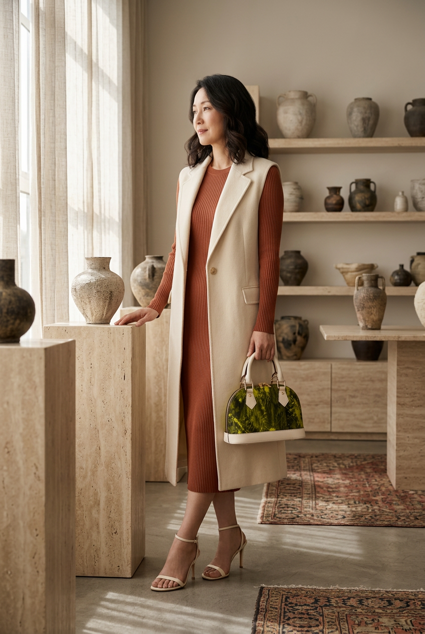 Cream-trim olive mini handbag in a ceramics atelier
