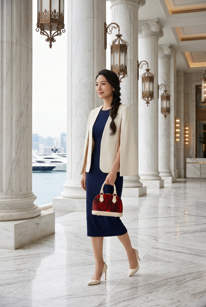 Cream-trim red mini handbag in a waterfront colonnade