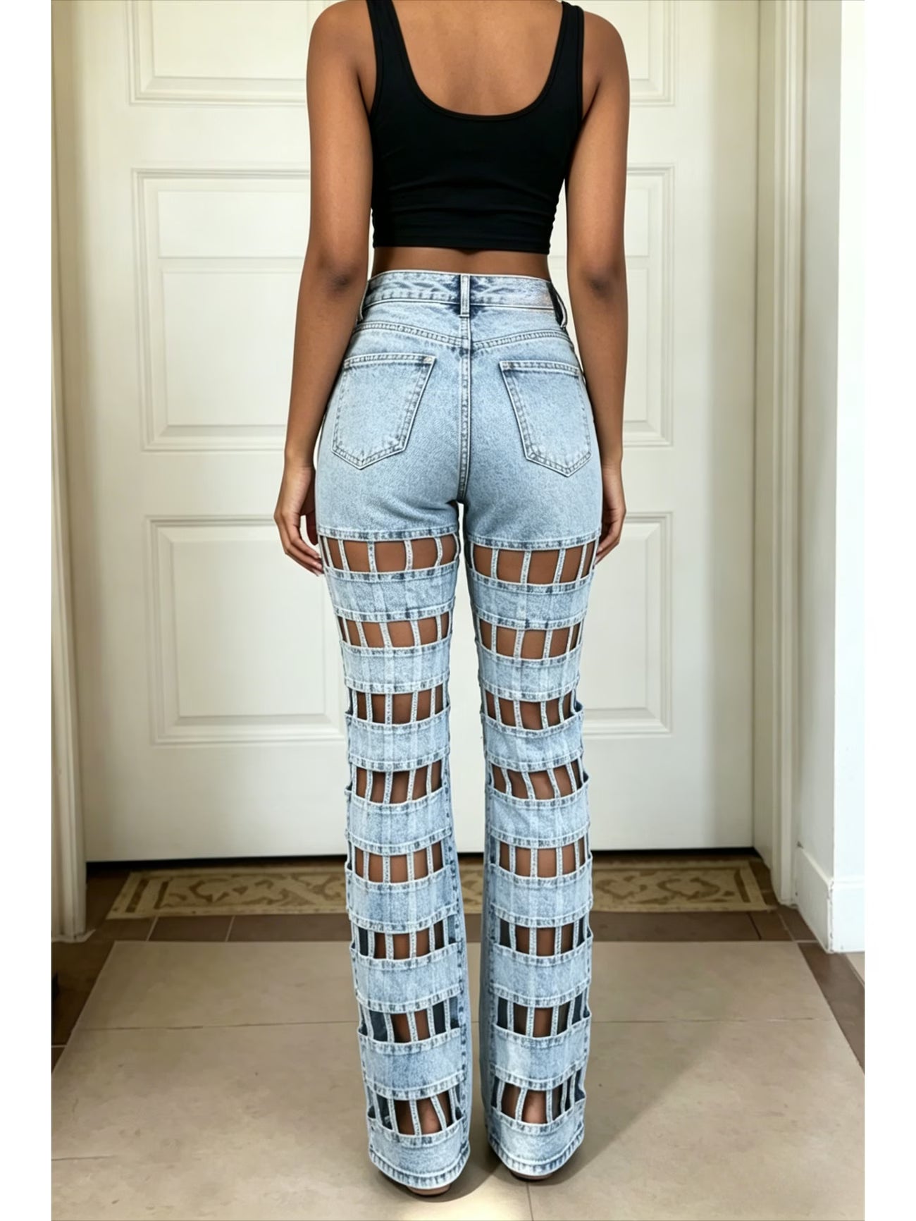 FZ Women's High Waist Hollow Mesh Design Denim Pants