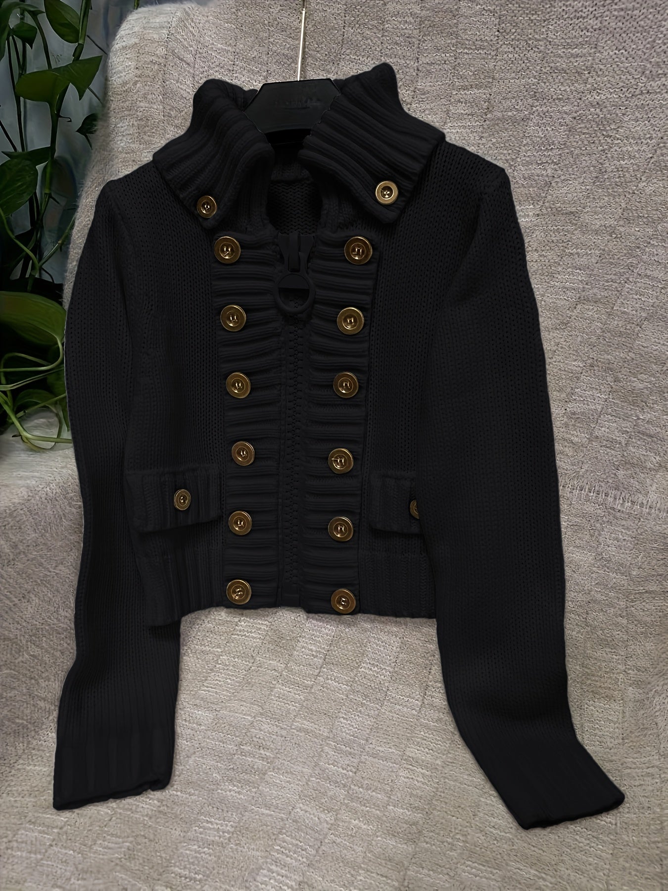 FZ Women's Multi-button decorated large zipper slim-fit Sweater jacket