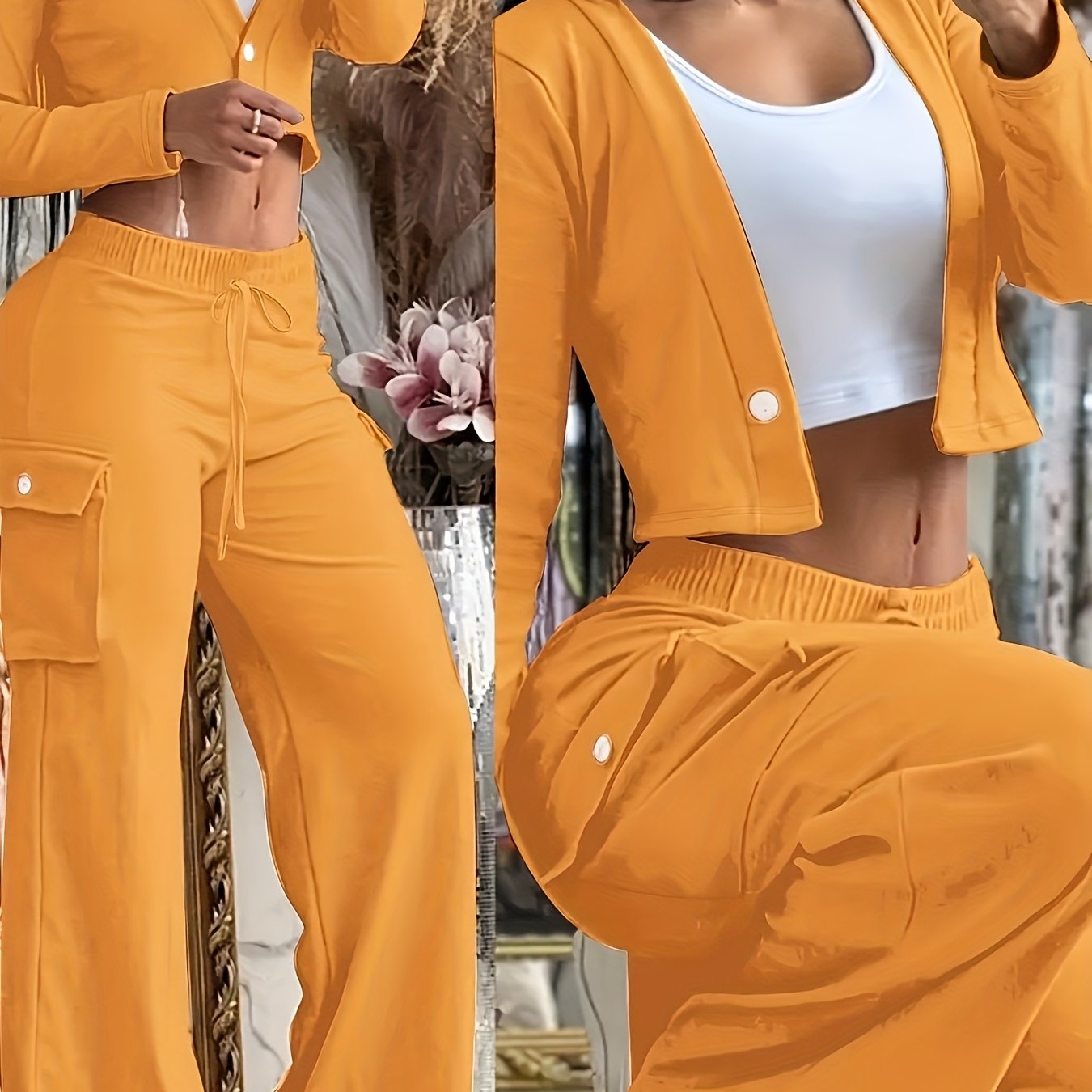 FZ Women's Fashion Button Casual Turn-Down Collar Skinny Bootcut Pants Suit