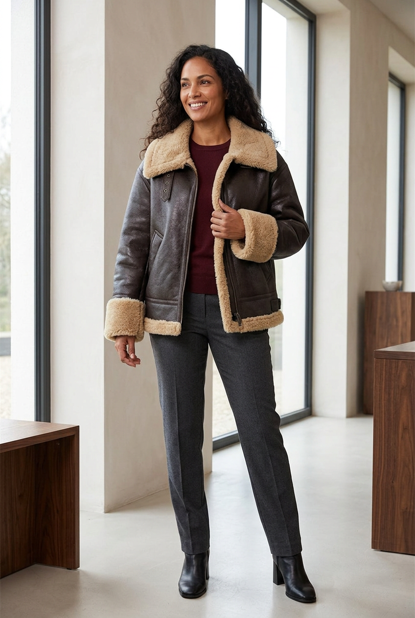 Dark-brown aviator jacket styled in a contemporary design gallery
