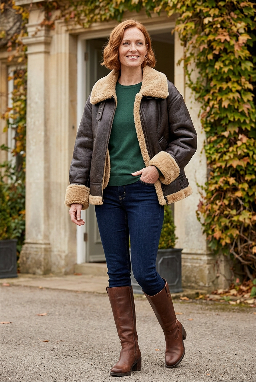 Dark-brown aviator jacket styled outside a country-house hotel