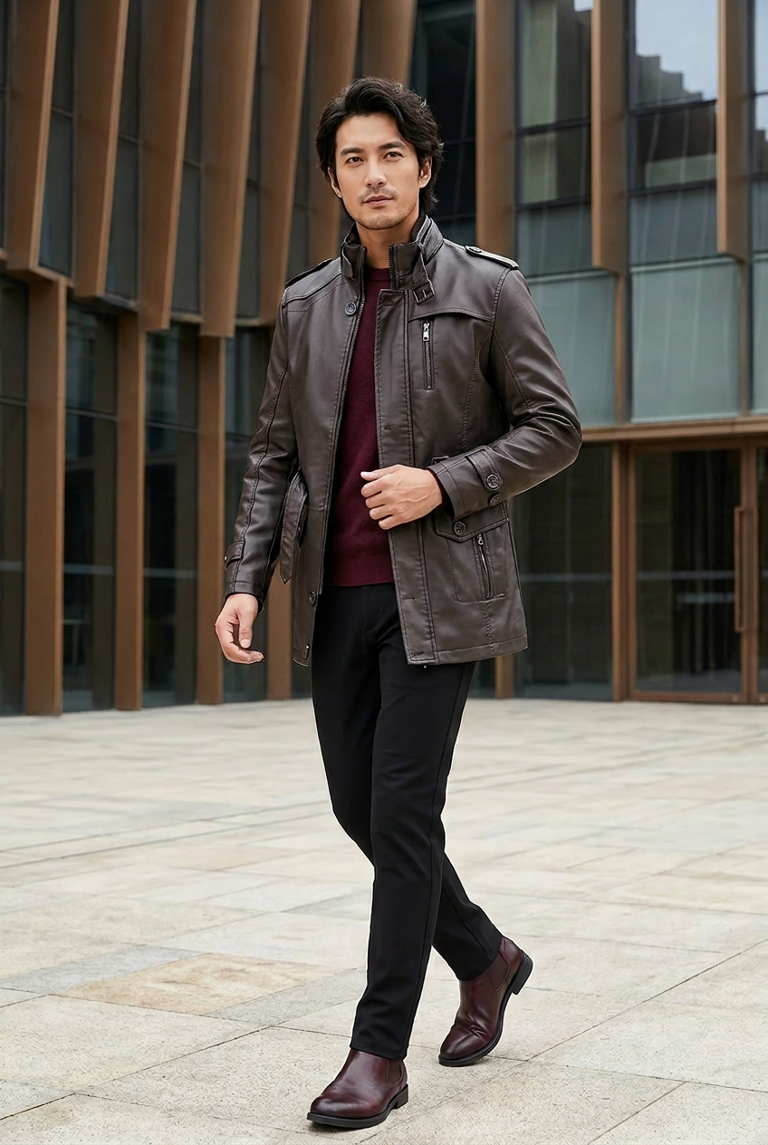 Dark-brown jacket correction outside the concert hall