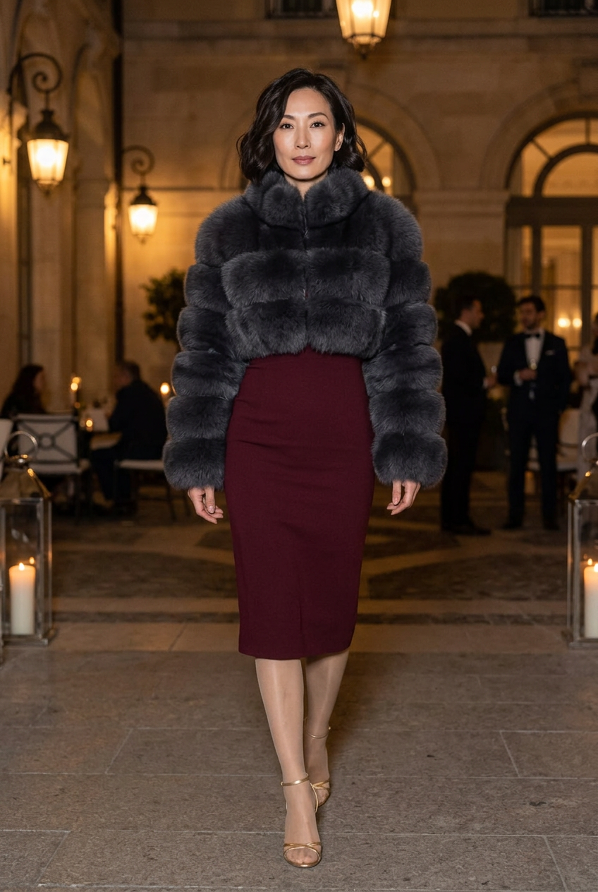Dark charcoal-gray cropped fur coat in a candlelit courtyard