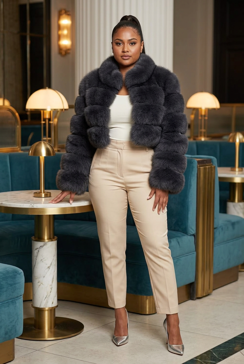 Dark charcoal-gray cropped fur coat in an art deco lounge