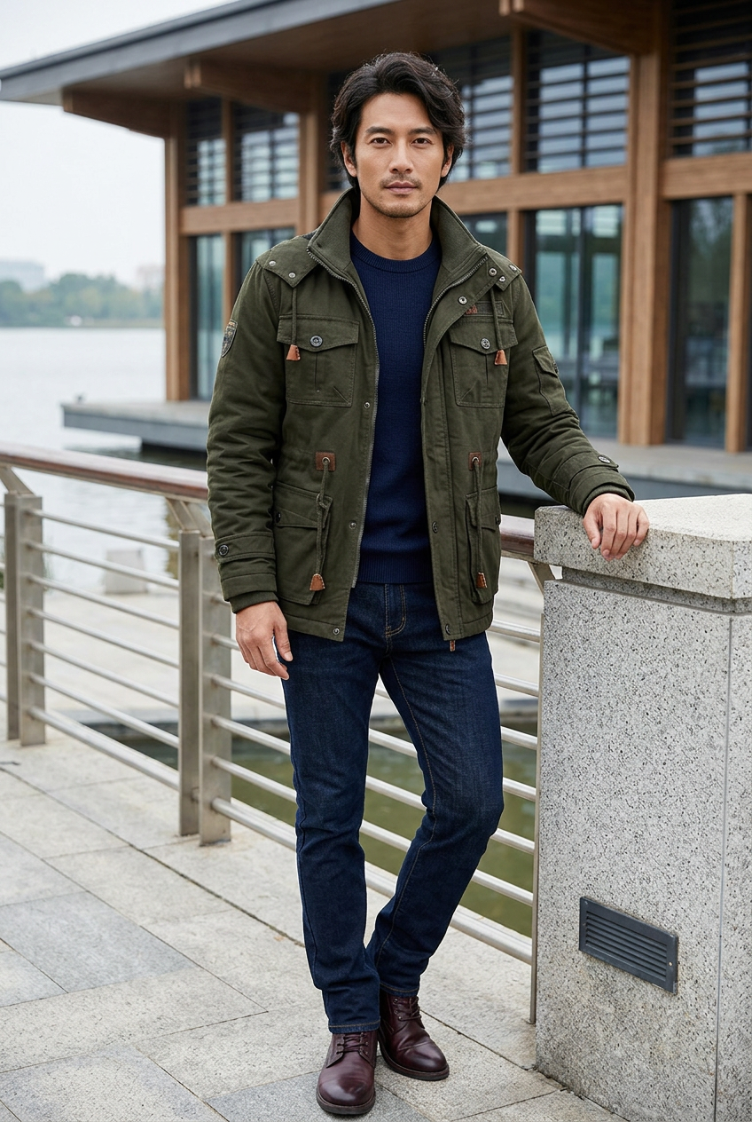 Dark-olive utility jacket styled at a lakefront cultural center
