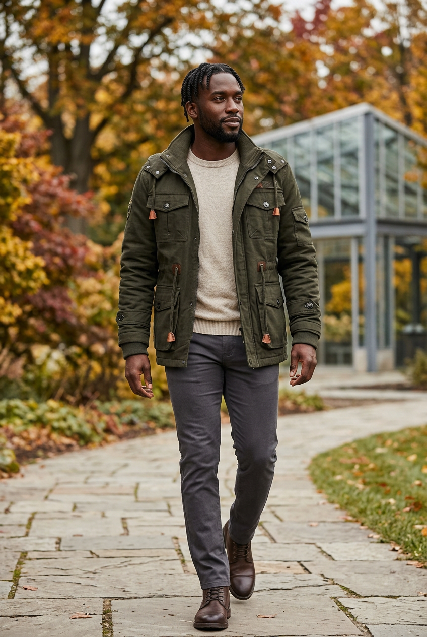 Dark-olive utility jacket styled in an autumn arboretum