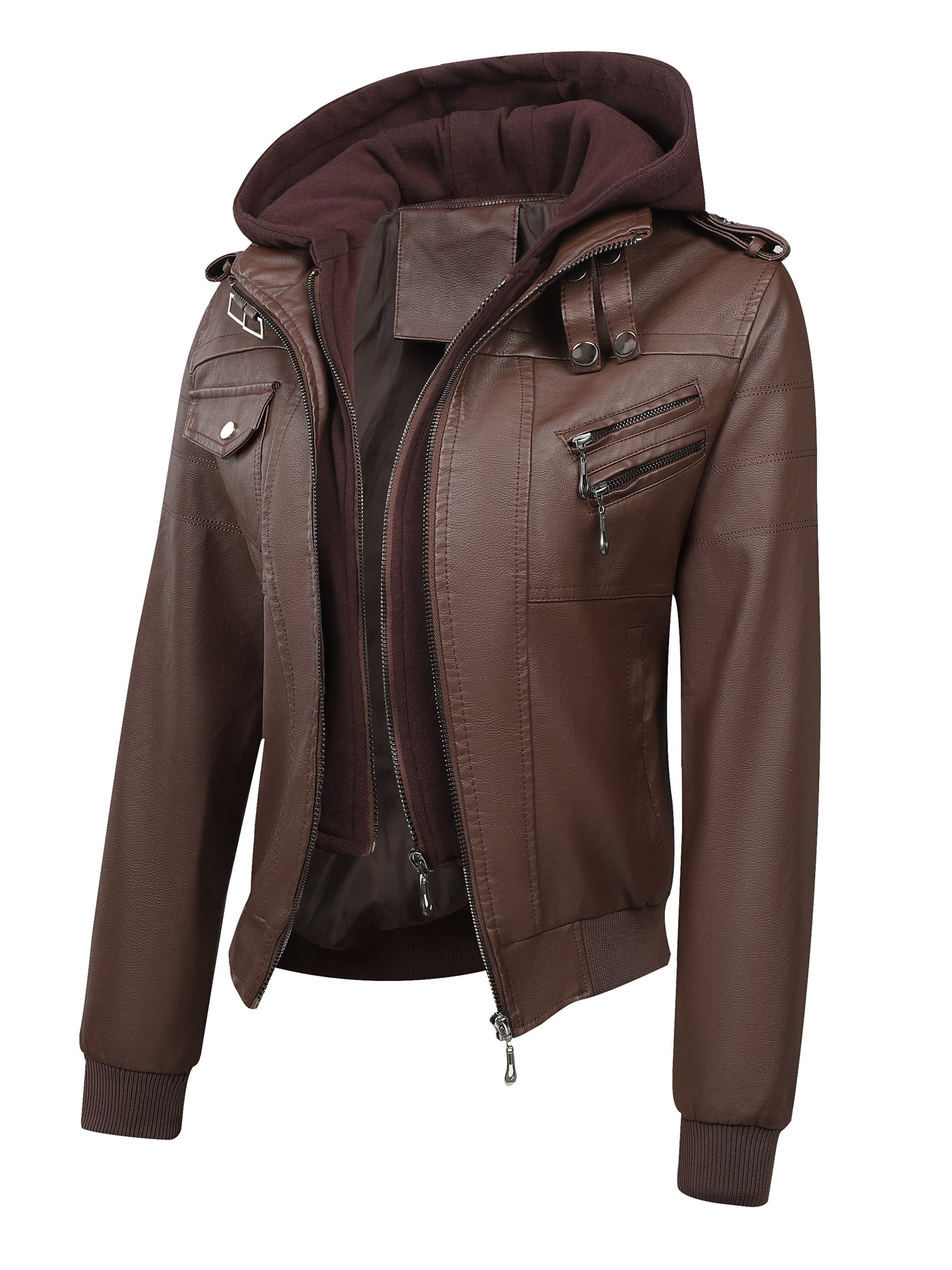 FZ Women's Vintage-Style Detachable Hood PU Leather Jacket