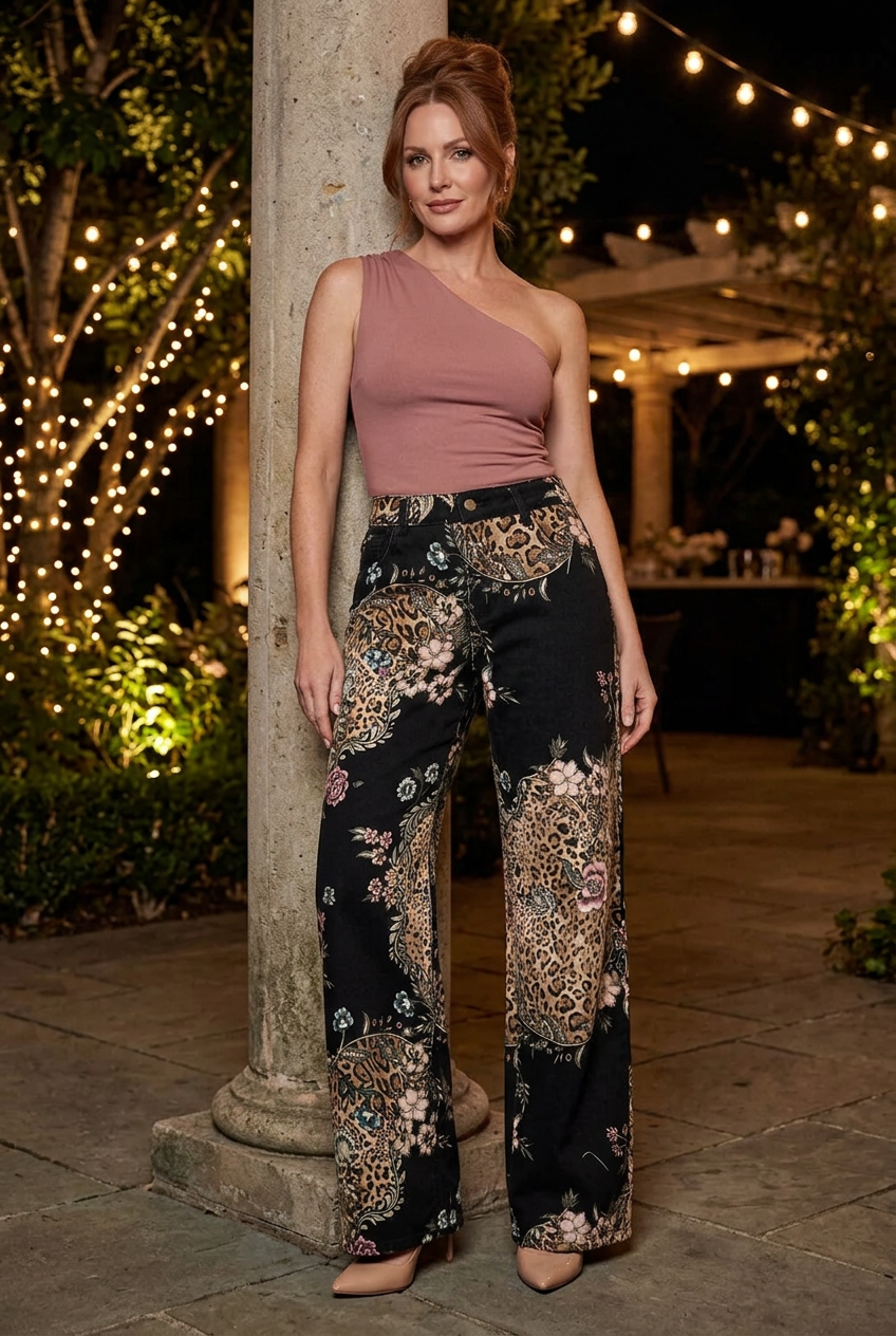 Dusty-rose one-shoulder top and nude pumps at a garden cocktail terrace