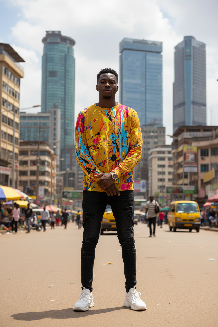 East African man in golden mustard paint splatter sweatshirt, Nairobi setting