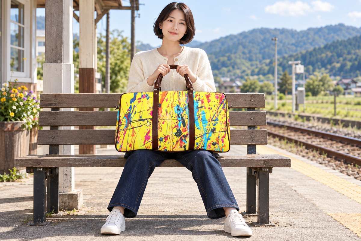 East Asian female model seated with the travel bag at a train platform