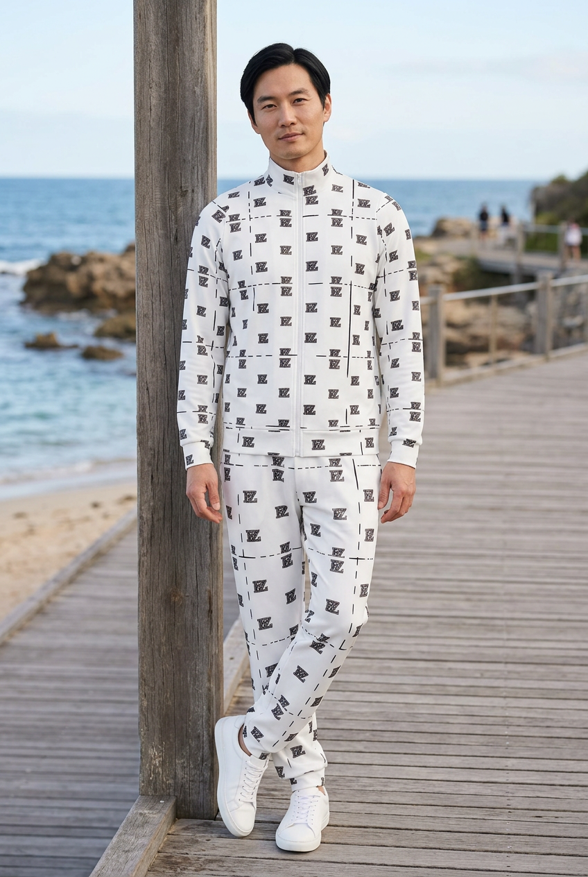 East Asian male model on a coastal boardwalk