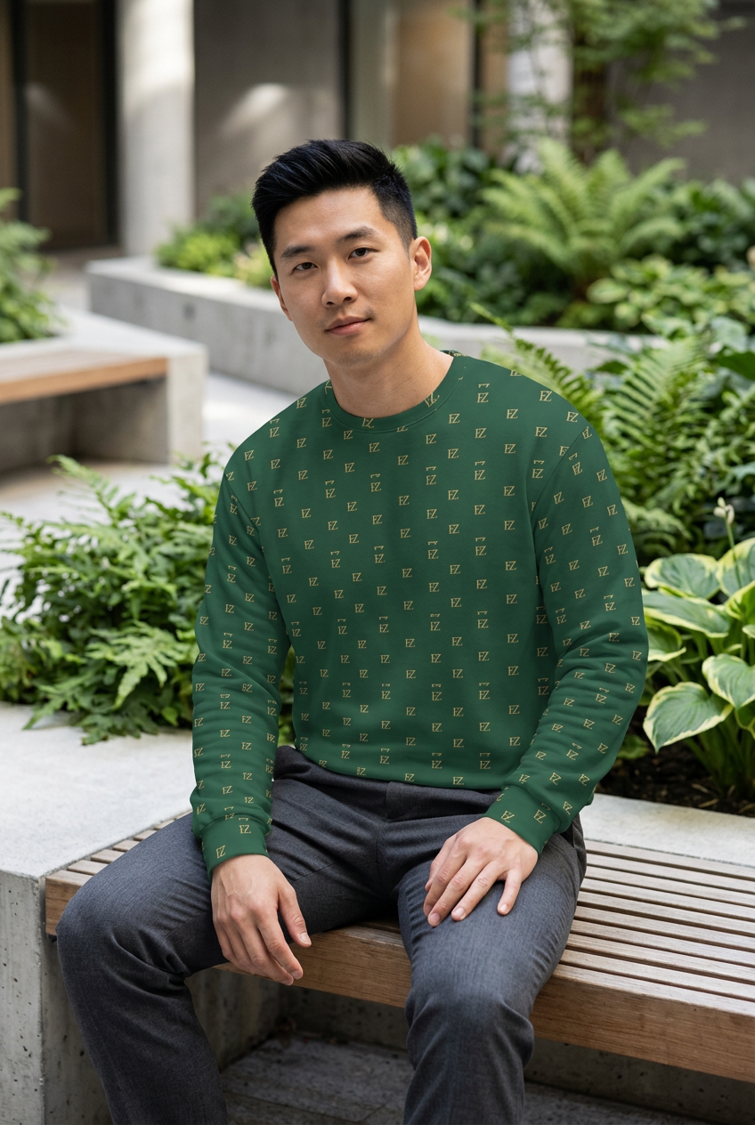 East Asian male model seated in a courtyard