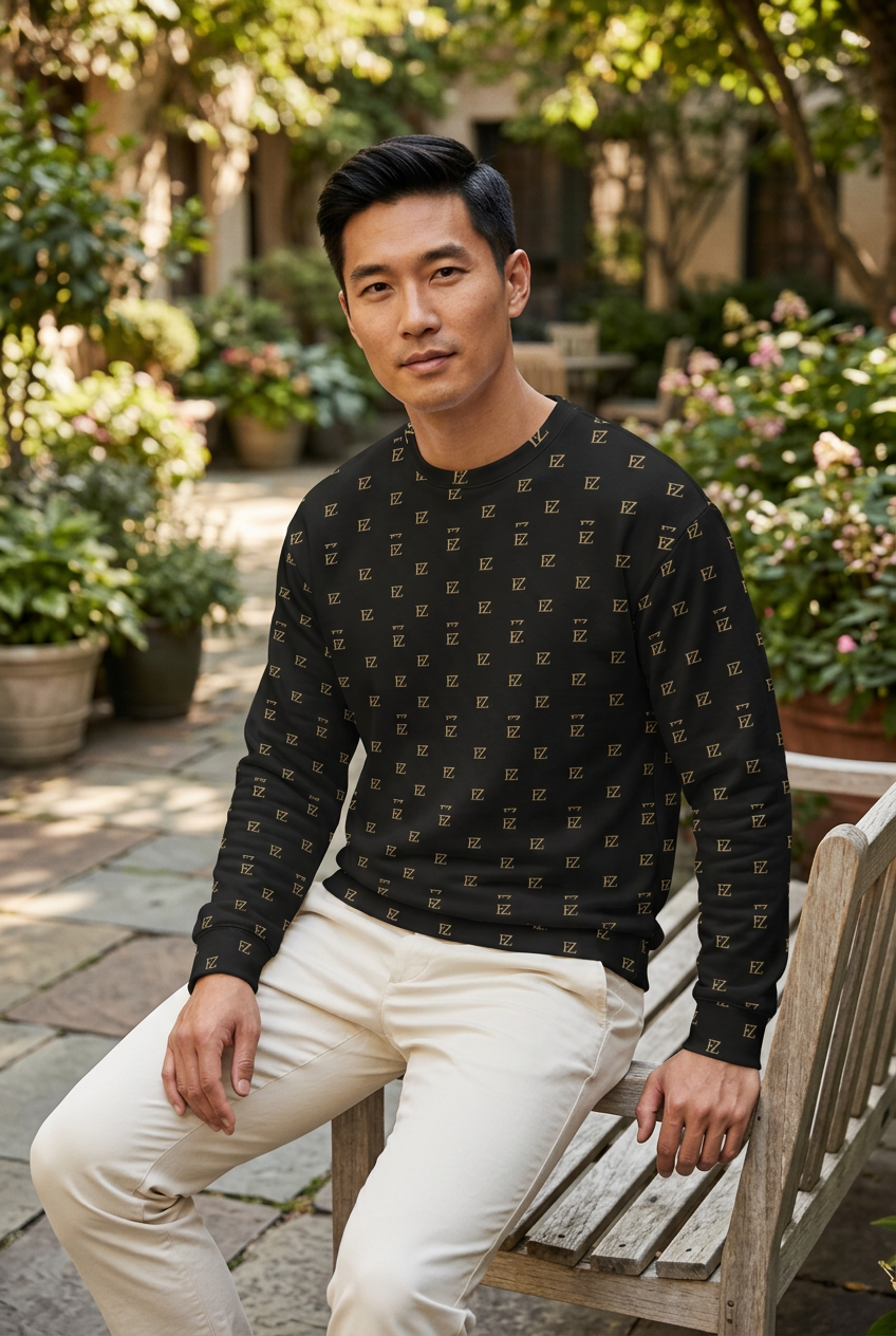 East Asian male model seated in a leafy courtyard