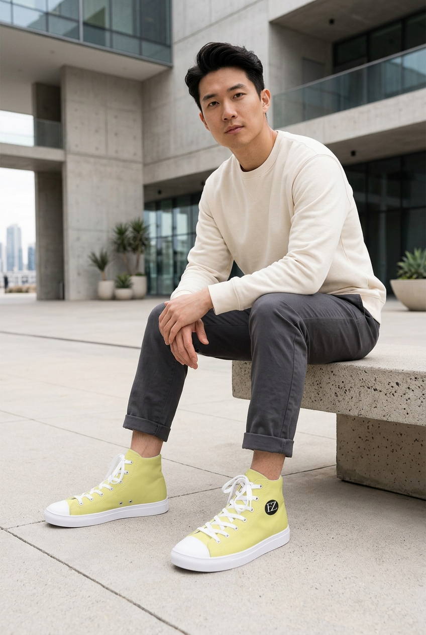 East Asian male model seated in a modern plaza