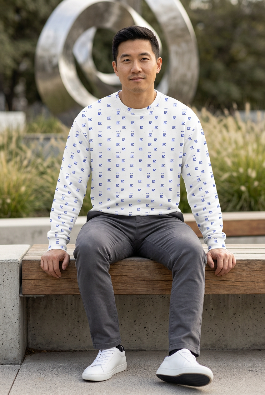 East Asian male model seated in a sculpture garden