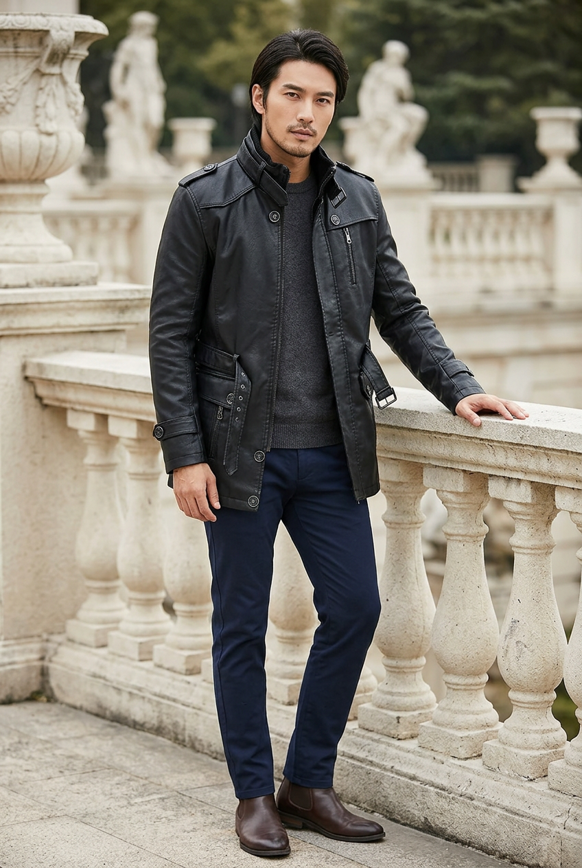 East Asian male model wearing the black PU leather jacket on a sculpture terrace