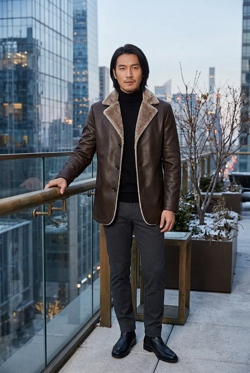 East Asian male model wearing the dark-brown plush-collar PU jacket on a rooftop garden terrace