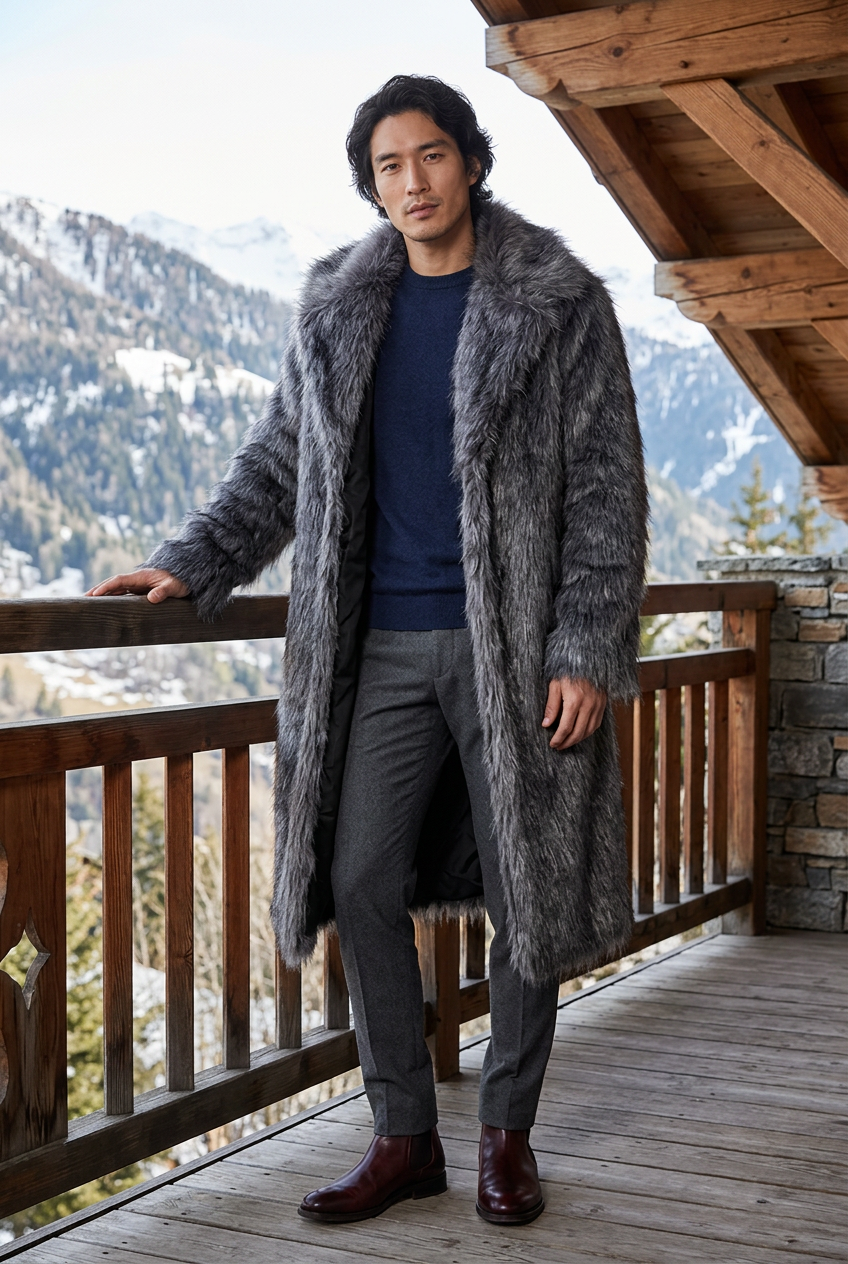 East Asian male model wearing the dark-gray coat on an alpine balcony