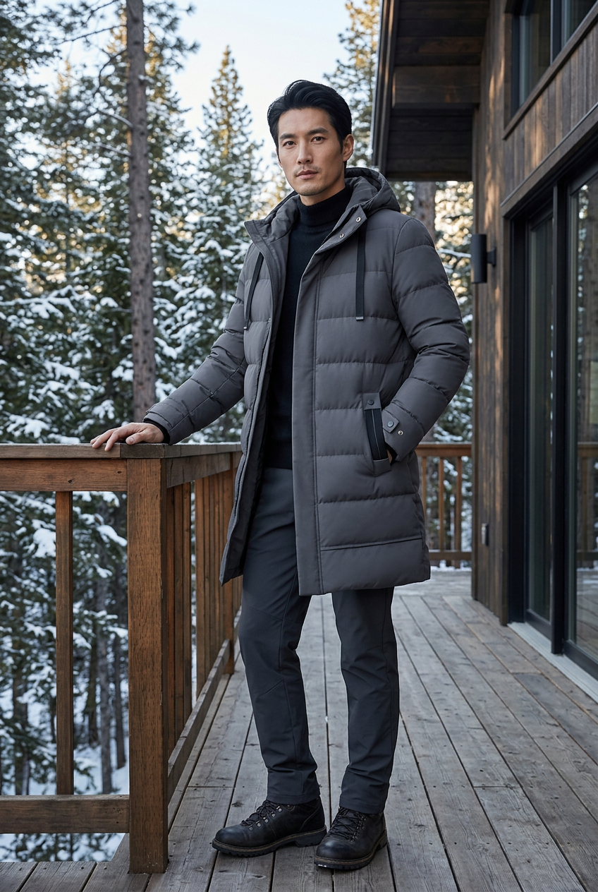 East Asian male model wearing the gray quilted parka outside an alpine cabin