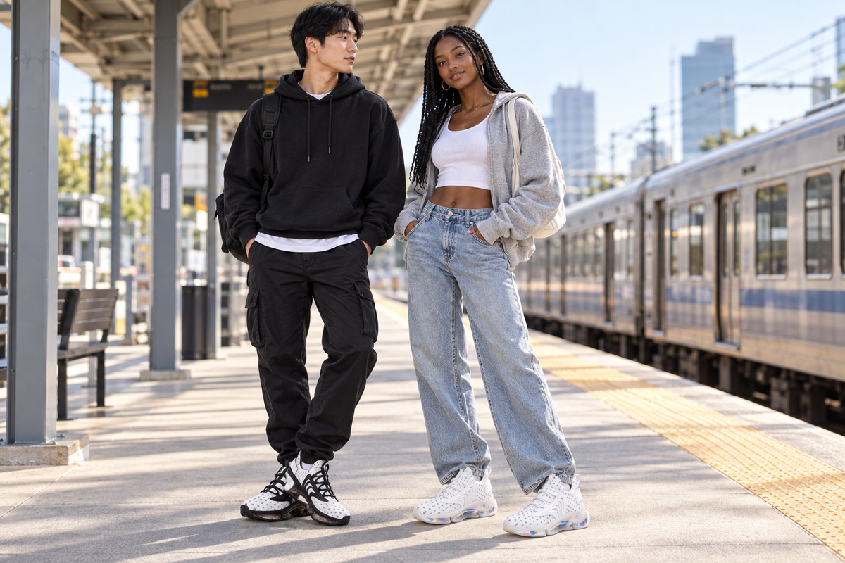 East Asian man and Black woman on a train platform in the white Z-logo sneakers