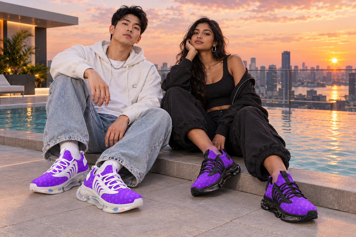 East Asian man and South Asian woman on a rooftop pool deck at sunset in the purple Z-logo sneakers