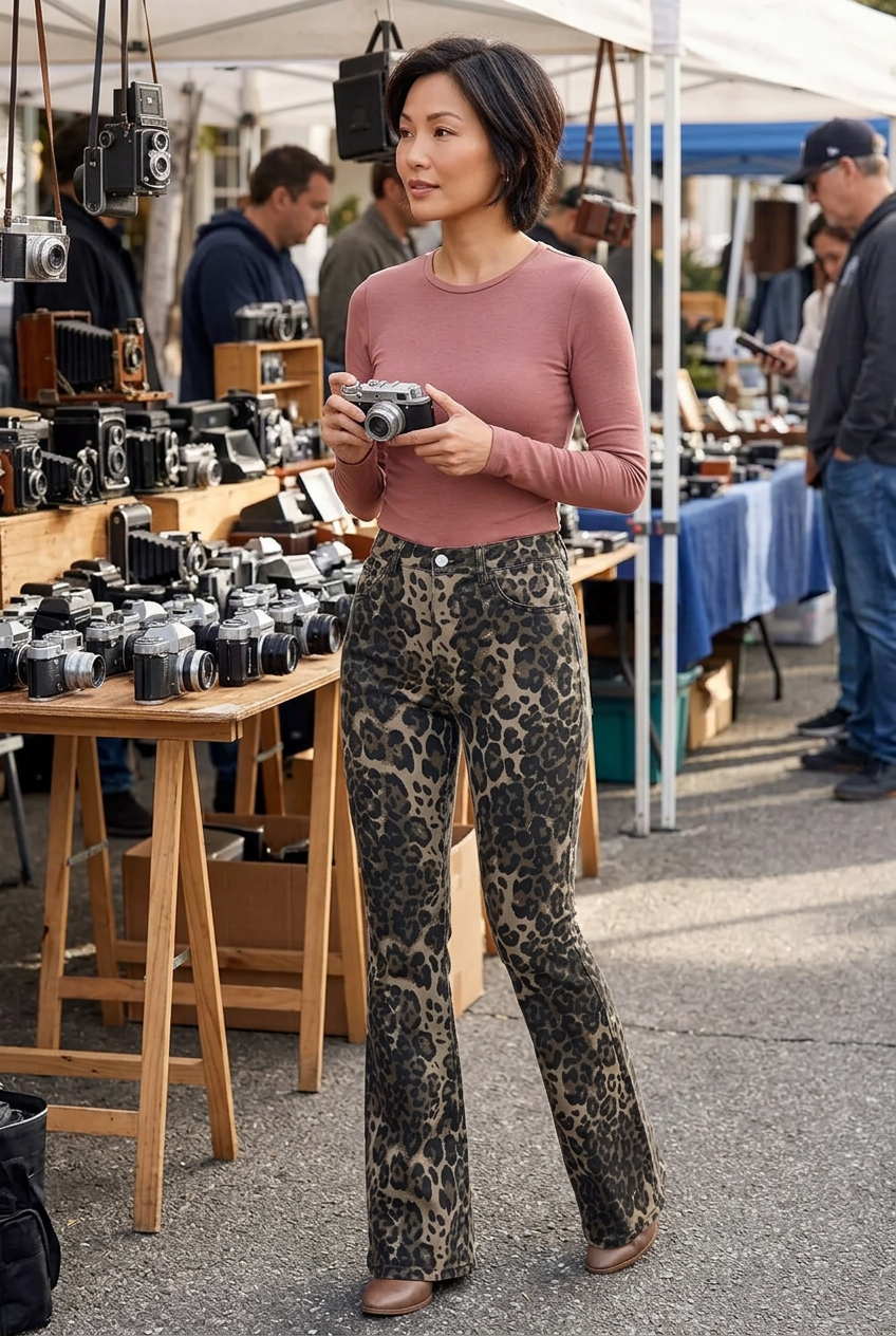 East Asian model browsing an antique camera market