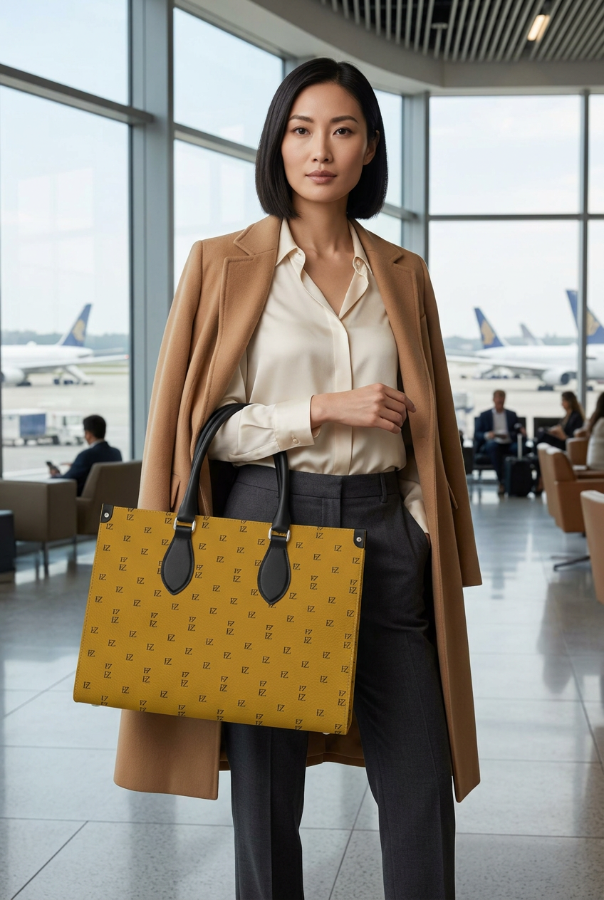 East Asian model carrying the jumbo handbag in an airport lounge