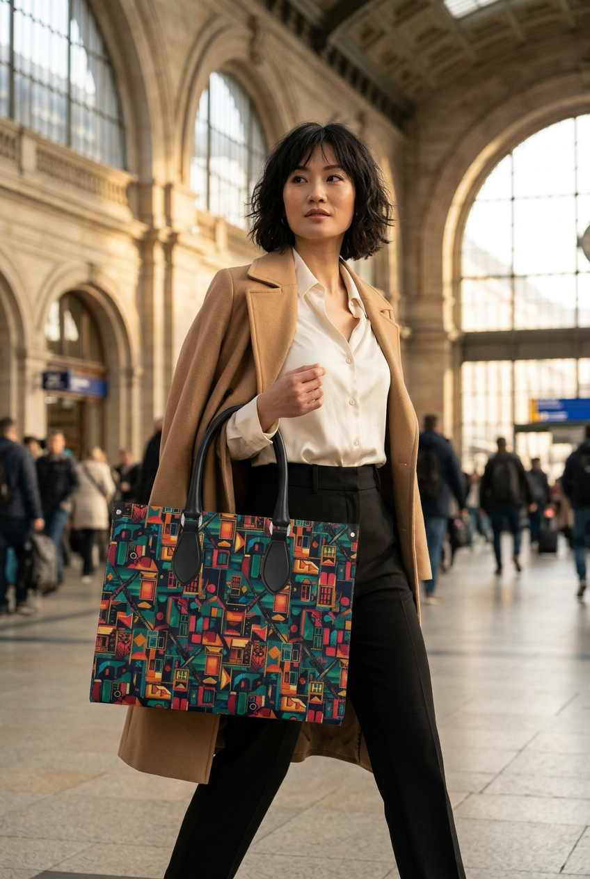 East Asian model carrying the jumbo handbag in an elegant train station