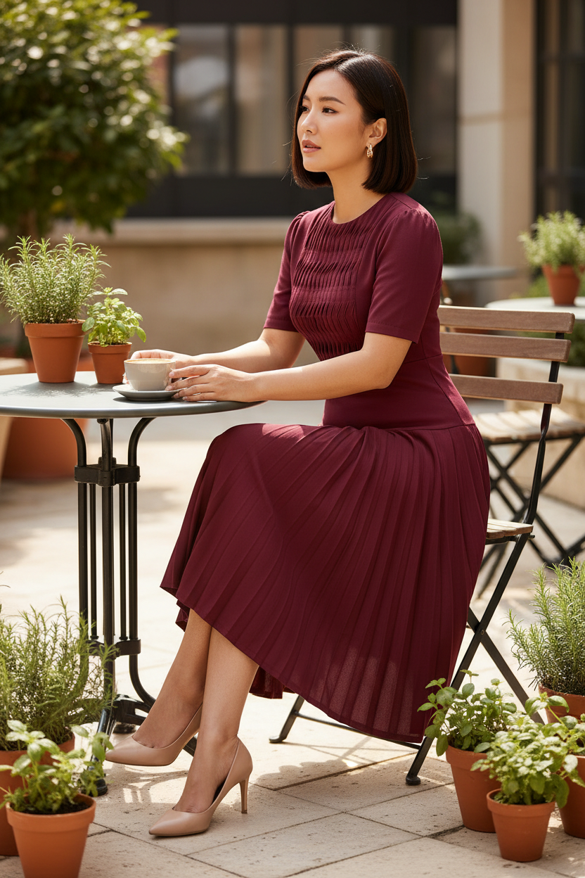 East Asian model in burgundy pleated set at a café terrace