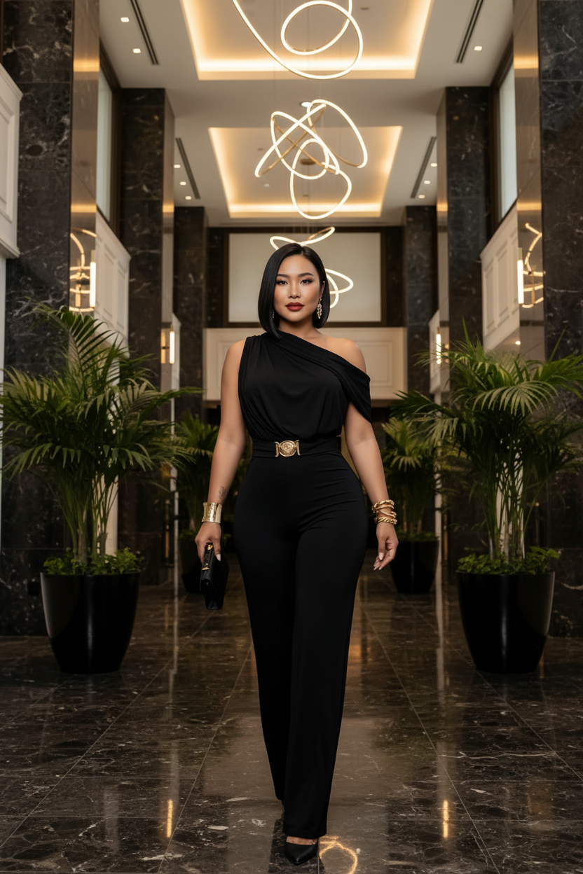 East Asian model in jumpsuit in a modern hotel lobby