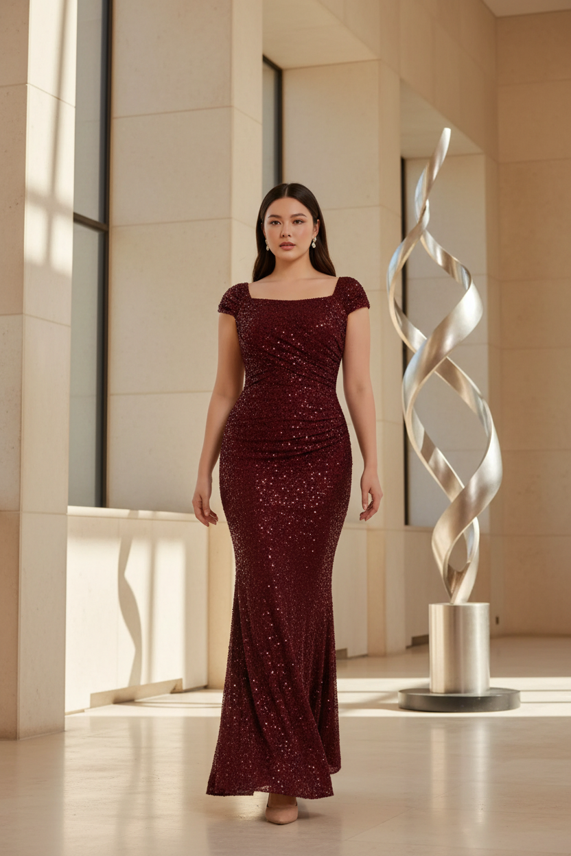East Asian model in wine-red gown at a modern museum