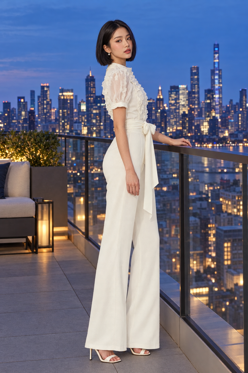 East Asian model on a rooftop terrace
