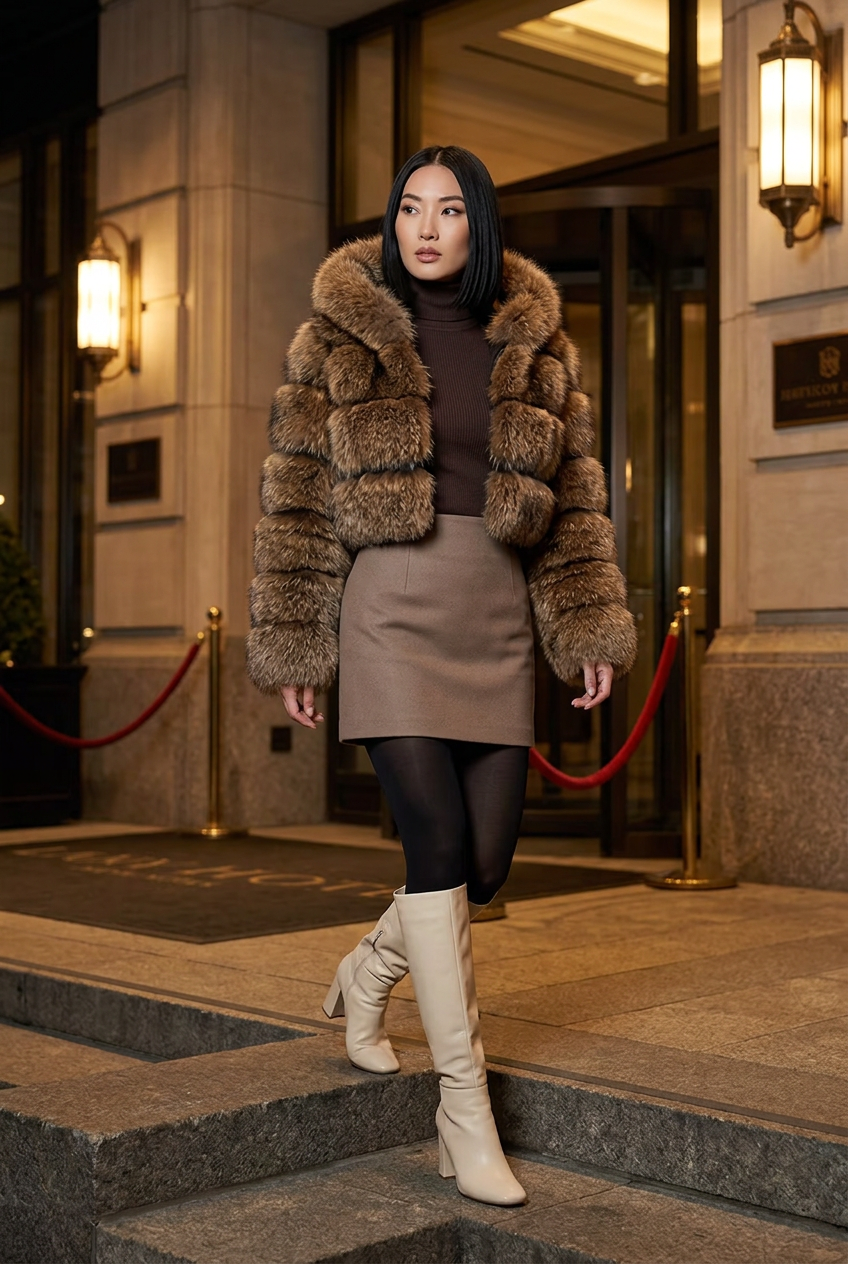 East Asian model outside a warmly lit hotel