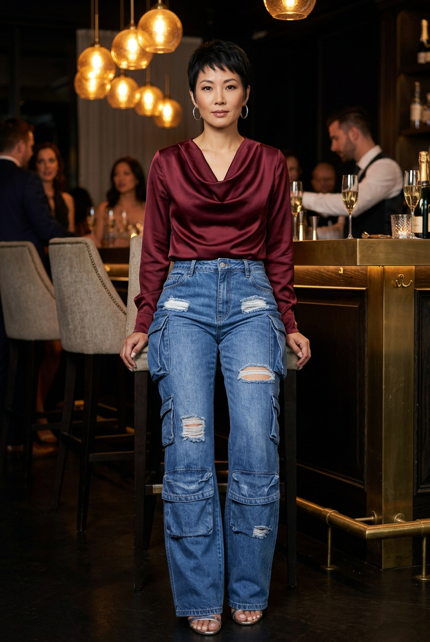East Asian model seated at a champagne bar in blue cargo jeans and silver heels