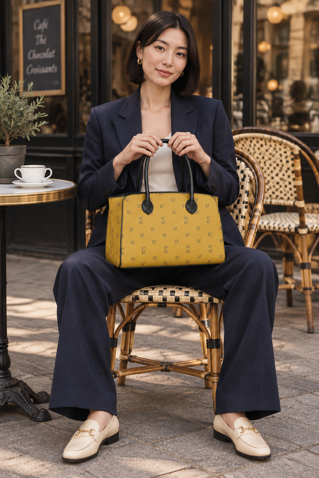 East Asian model seated with handbag at a cafe