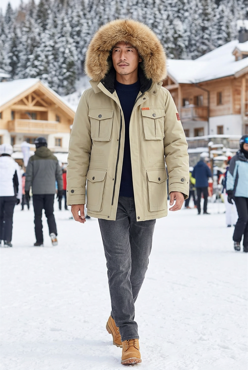 East Asian model walking across a snowy resort plaza with the hood up